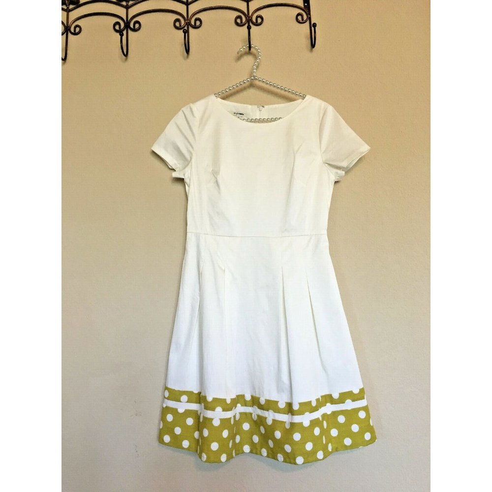 Women's A Line Pleated White Easter Spring Summer Dress With Polkadot Trim Sz: S